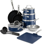 Blue Diamond 14 Piece Nonstick Cookware Set & 11" Griddle Pan, Diamond Ceramic Pots & Pans, Dishwasher & Metal Utensil Safe, Non Toxic PFAS-Free, Kitchen Cooking Sauce & Saute Pans, Oven 600F, Blue