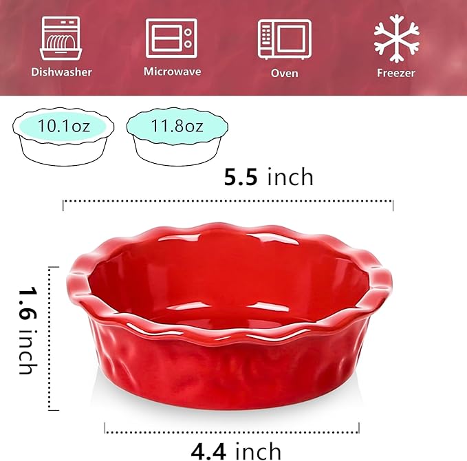 Vicrays Ceramic Pie Pan for Baking - 5.5 inch Small Pie Plates Deep Dish Round Pot Casserole Mini Serving Bowl - Microwave Oven Safe for Dessert Apple Pie Cake Tart Pizza Set of 6 - Red