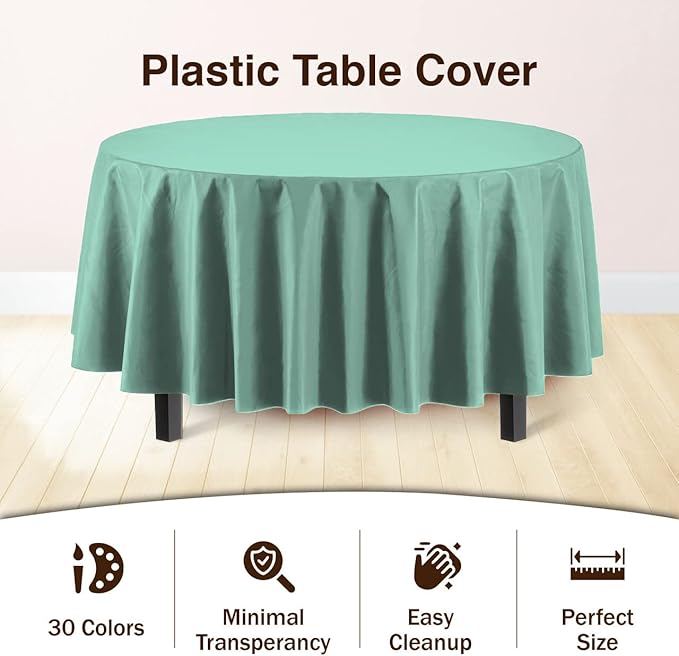 Exquisite Party Solids 12-Pack Premium Plastic Tablecloth 84in. Round Table Cover - Light Mint