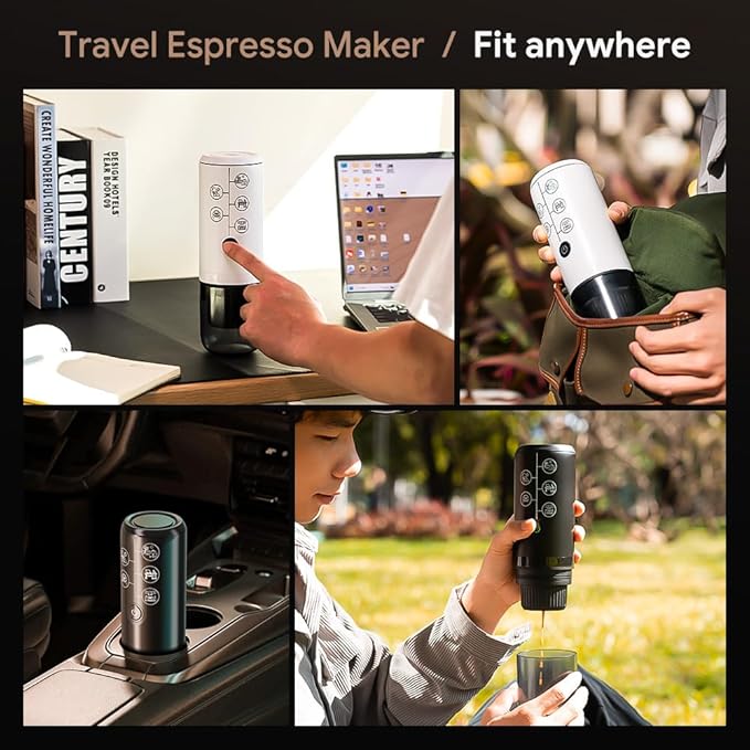 Portable Espresso Machine Mini 12V Rechargeable 3-in-1 Multi-Function Electric Coffee Machine One Key Extraction Compatible with NS & DG Capsules and Ground Coffee for Office Home (White)