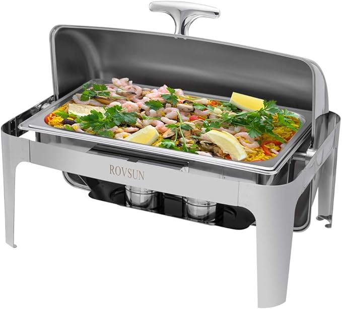ROVSUN Chafing Dish Buffet Set, 9 Quart Roll Top Stainless Steel Chafer, NSF Rectangular Set with Food Pan, Water Pan and Fuel Holders, for Wedding, Parties, Banquet, Catering Events