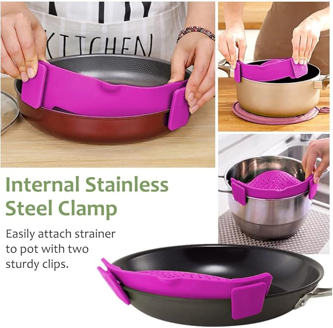 YEVIOR Clip on Strainer for Pots Pan Pasta,Silicone Food Strainer Hands-Free Pan Strainer, Clip-on Kitchen Food Strainer for Spaghetti, Pasta, Ground Beef Fits All Bowls and Pots (Purple)