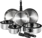 ROYDX 3-Ply Pots and Pans Set, 18/10 Stainless Steel Kitchen Removable Handle Cookware Set,PFOA Free, for All Stoves, Suitable for Home, RV, Boat, Camping, Space Saving Induction Oven Safe