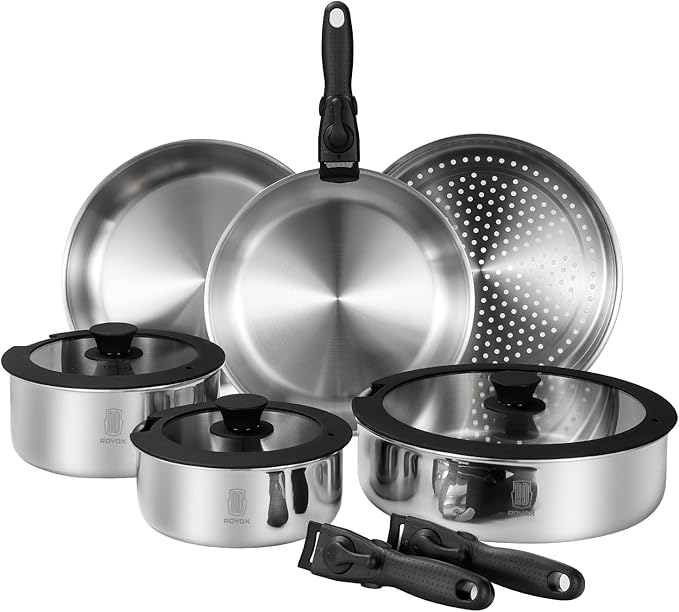 ROYDX 3-Ply Pots and Pans Set, 18/10 Stainless Steel Kitchen Removable Handle Cookware Set,PFOA Free, for All Stoves, Suitable for Home, RV, Boat, Camping, Space Saving Induction Oven Safe