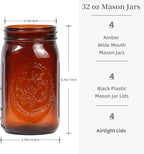 4 Pack 32 oz Amber Wide Mouth Mason Jars with Airtight Lids and Black Plastic Mason Jar Lids, Amber Canning Jars