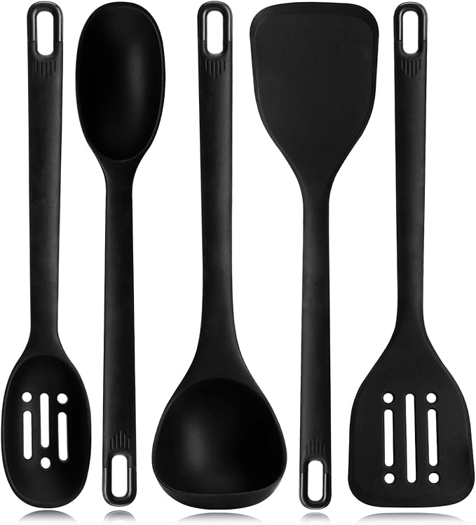 Silicone Kitchen Cooking Utensils Set: MOACC Heat Resistant 13inch Long Kitchen Gadgets, BPA Free Non Stick Rubber Cook Accessories For Food Prep, Frying, Serving, Basting (Black)