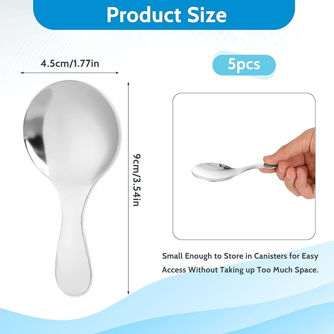 5 PCS Short Handle Spoons Silver Mini Scoops Stainless Spoons for Canisters Small Coffee Scoops Candy Scoops for Condiments Tea Desserts Coffee