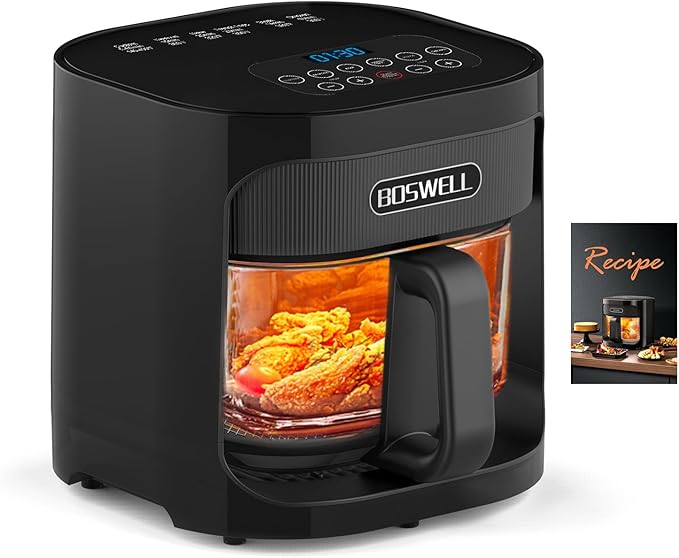 BOSWELL Glass Air Fryer, 4.5QT Transparent Fry Bowl, Circulating Heating, Non Toxic, Large Capacity Air Fryer Roast, Temperature Control Dishwasher Safe (Black)