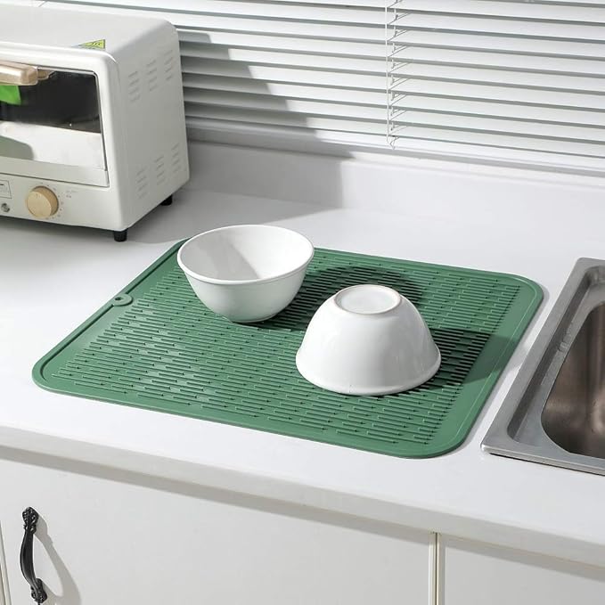 Silicone Dish Drying Mat for Multiple Usage,Easy clean,Eco-friendly,Heat-resistant Silicone Mat for Kitchen Counter or Sink,Refrigerator or Drawer Liner Green XL 18 inches x 16 inches