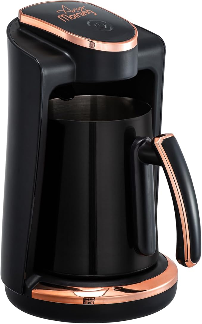 Any Morning Turkish & Greek Coffee Maker-Machine, 1 to 4 Cups Capacity, 100% BPA Free, 400W Electric Coffee Pot with Cook Sense Technology, Anti-Spill Design, Authentic Foamy Brew, Black