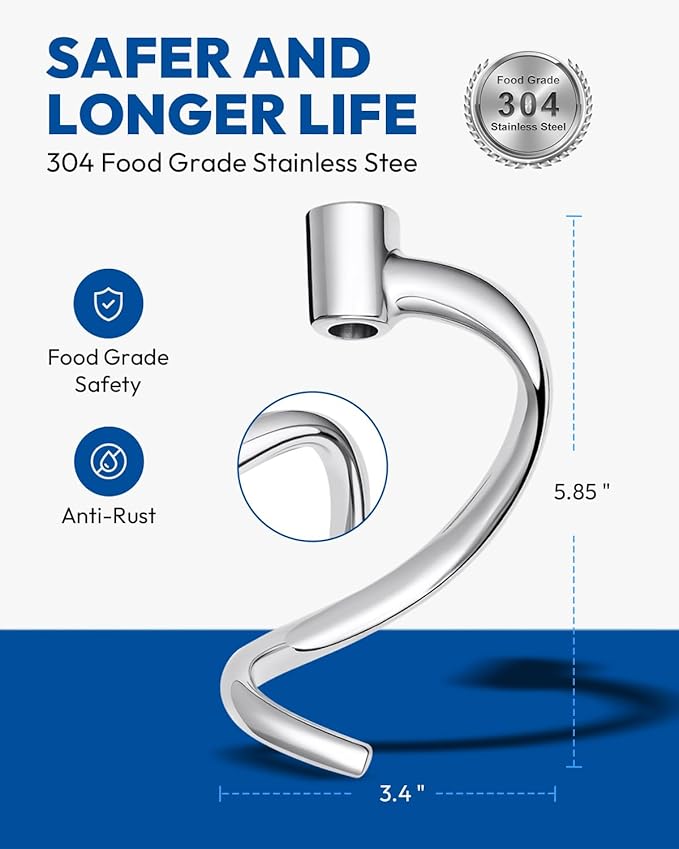 Stainless Steel Kitchen Spiral Dough Hook Attachments for 4.5-5QT Tilt-Head Stand Mixers, Kitchen-Aid Mixer Dough Hook for KSM5,K45,K45SS,KN15,KDM90, KSM45, KSM75, KSM85, KSM88
