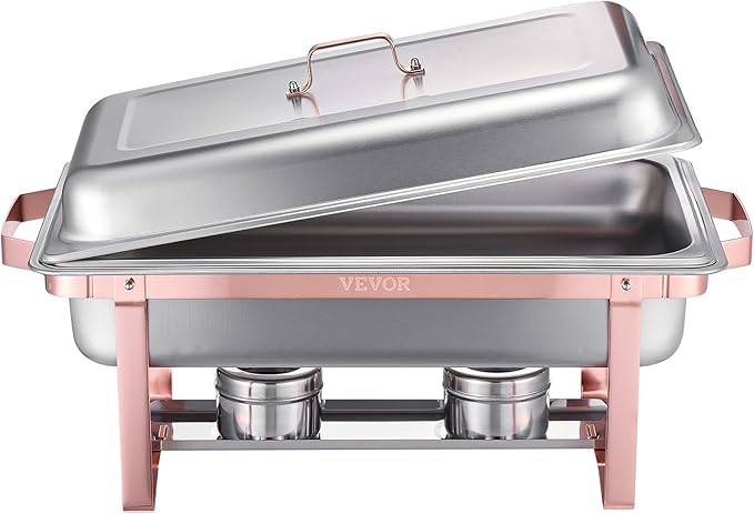 VEVOR Chafing Dish Buffet Set, 8 Qt 2 Pack, Stainless Steel Chafer with 2 Full Size Pans, Rectangle Catering Warmer Server with Lid Water Pan Stand Fuel Holder, for Wedding Party Banquet, Rose Gold