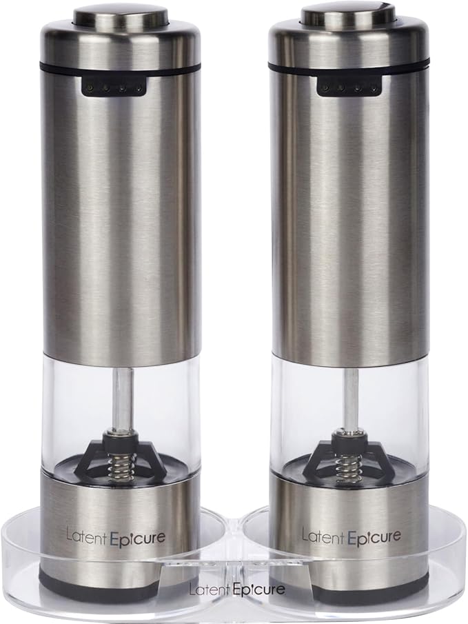 USB-C Electric Salt and Pepper Grinder Set (pack of 2) - Stainless Steel Salt & Pepper Mills with LED Light - Complimentary Mill Rest- One Handed Operation Adjustable Ceramic Grinders