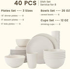 Homienly 40- Pieces Wheat Straw Dinnerware Set, Service for 8, Lightweight Roud Plates and Bowls Set, Unbreakable Dishes Set- Dinner Plates, Bowls, Cups,Microwave and Dishwasher Safe(White)