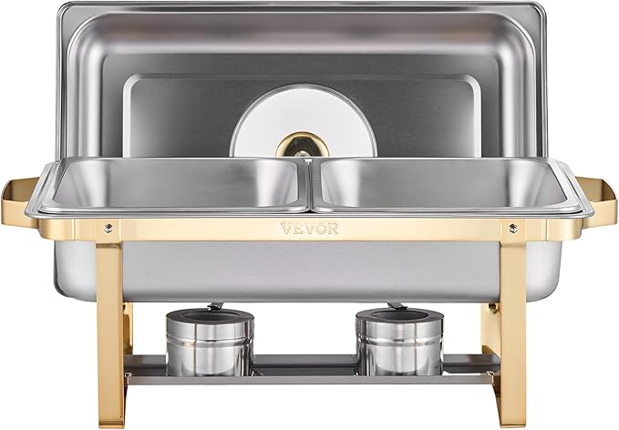 VEVOR Chafing Dish Buffet Set,8 Qt 2 Pack, Stainless Steel Chafer with 4 Half Size Pans, Rectangle Catering Warmer Server with Glass Lid Water Pan Folding Stand Fuel Holder, for Wedding Party Banquet