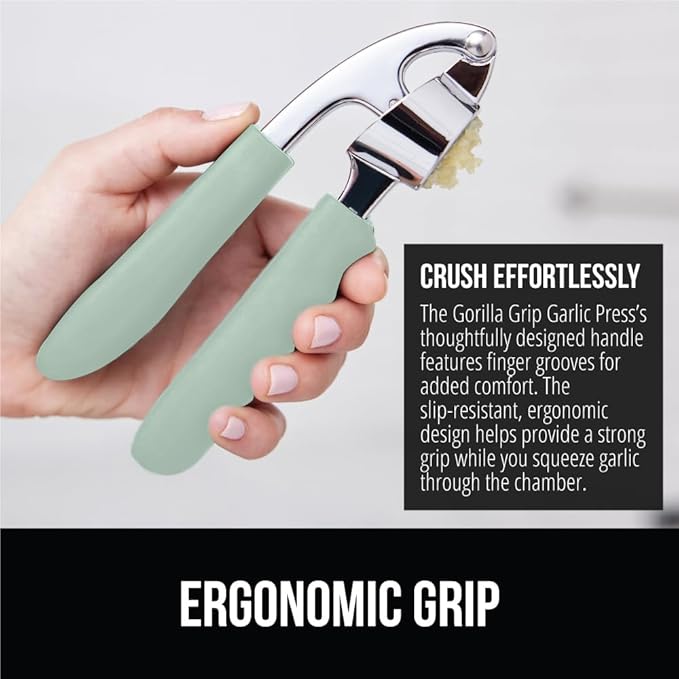 GORILLA GRIP Garlic Press and Peel Set, Heavy Duty Mincer Tool, Easily Mince and Crush Garlics, Ginger, Nuts, Seeds, Large Ergonomic Handle, Peeler Included, Peeling Cloves, Kitchen Gadgets, Mint