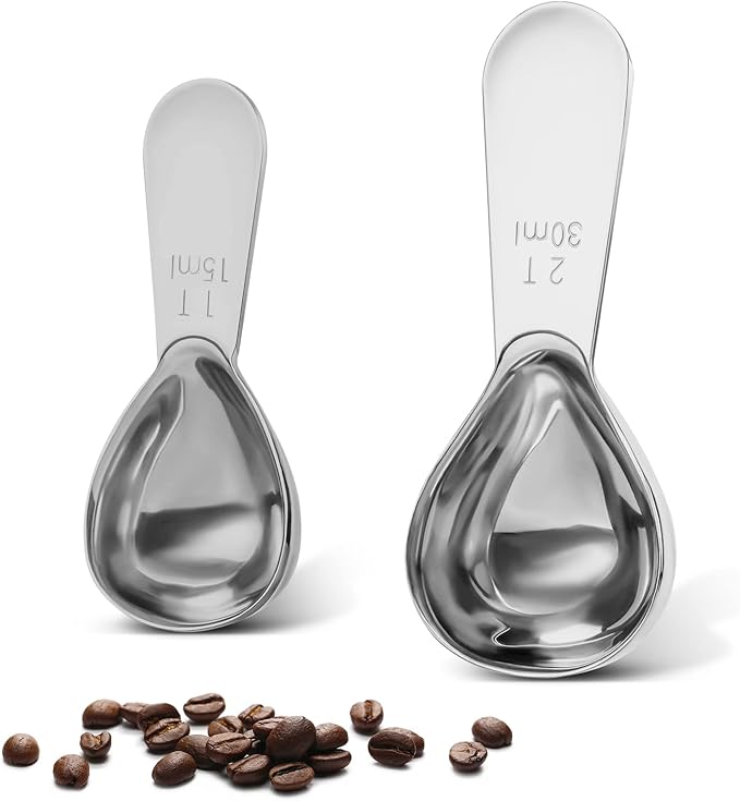 Stainless steel coffee scoop 2-piece set (1 tbsp, 2 tbsp) durable Tablespoon, ergonomic measuring spoon, Suitable for small and large jars，short-handled spoon (Silver)