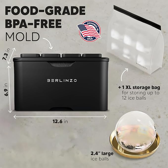 Berlinzo Premium Clear Ice Ball Maker Mold - 8 Large 2.4" Crystal Clear Ice Balls for Whiskey, Cocktails & Bourbon - Easy-to-Remove Mold for Ice Spheres - XL Storage Bag Included (Non-Electric)
