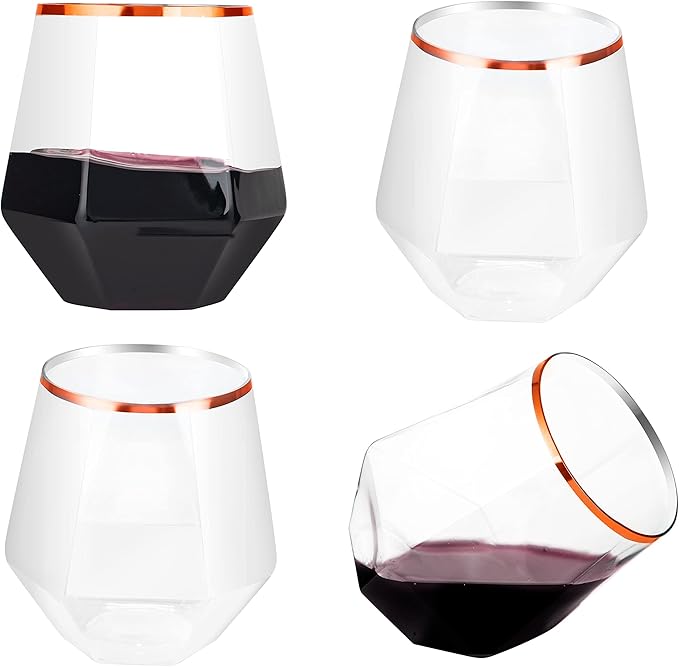 LUODA 32 Pack Rose Gold Diamond Wine Glasses, 12 Oz Stemless Rose Gold Rim Wine Glass, Disposable Clear Plastic Whiskey Glasses For Serving White Wine, Red Wine, Cocktail, Whiskey