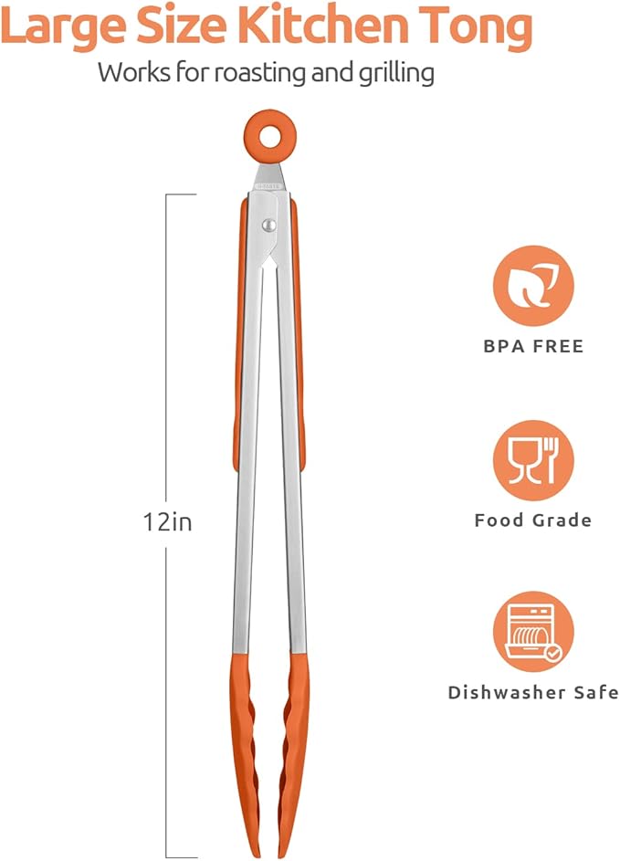 600ºF Heat Resistant Kitchen Tongs: U-Taste 12 inch Large Silicone Cooking Tong with Sturdy Non Stick Rubber Tips & Silicon Coated 18/8 Stainless Steel Handle & Smooth Locking for Serving Grill-Orange