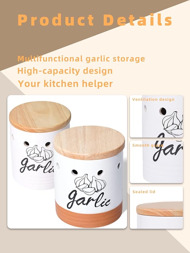 Large Garlic Keeper with Wood Lid, Ceramic Garlic Container for Counter,Garlic Saver to Keep Your Garlic Cloves Fresh Longer, 31 oz White/Brown