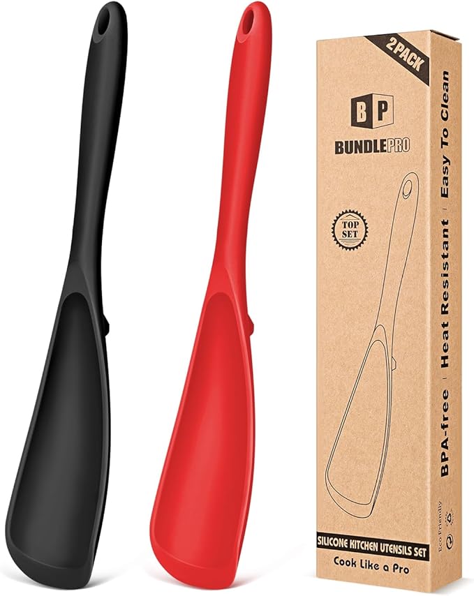 Pack of 2 Cooking Spoons for Non Stick Cookware, Multifunction Spatula Spoon BPA-Free, One-Piece Design, Suitable for Scooping, Scraping, Serving and Mixing(BLACK-RED)
