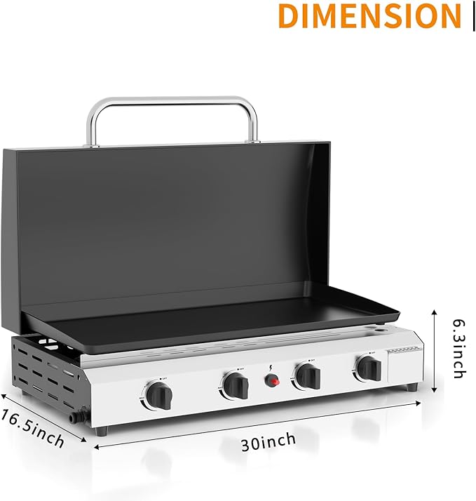 4 Burner BBQ Gas Griddle with Hood, 30 Inch Stainless Steel Portable Detachable Propane Griddle, 60,000 BTU Flat Top Barbecue Grill with Lid for Camping