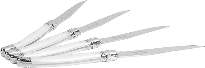 French Home Laguiole 4-Piece Steak Knife Set – Sophisticated Stainless Steel Dinner Knives with Pearlized White Handles & Iconic Bee Emblem – Serrated Knives for Smooth Cutting (9.25")