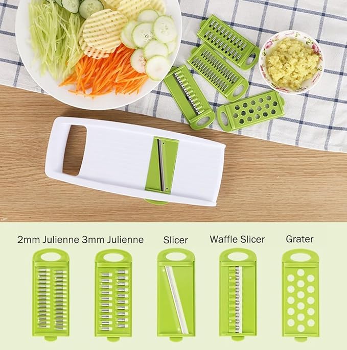 5 in 1 Mandoline Slicer Vegetable Slicer Mandolin Multi Blade Potato Veggie Slicer Vegetable Cutter Julienne Shredder Potato Slicer Green