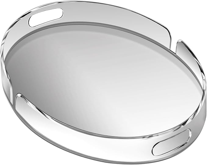 Acrylic Serving Tray with Handles Large Decorative Ottoman Tray 17x13'' Round for Bathroom Food Coffee Fruit Snack Tea Dinner Living Room, Clear