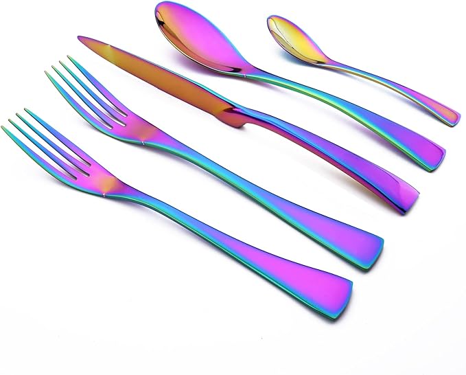 Rainbow Tableware 20Pcs Mirror Polished 18/10 Stainless Steel Luxury Flatware - Heavy Cutlery Set Service For 4 Include Knives/Forks/Spoons/Salad Fork/Teaspoon, Dishwasher Safe