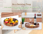 Large Round Wood Serving Tray, Wooden Trays with Handles for Ottoman Table, Vintage Acacia Tray Circle Wood Tray for Indoor Outdoor Organization and Decoration, Including 4 Round Wooden Coasters