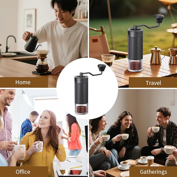 Hand Coffee Grinder Conical Burr for Espresso French Press Pour Over Double Bearing External Adjustment Capacity 25g (Stainless Steel Burr-Black)