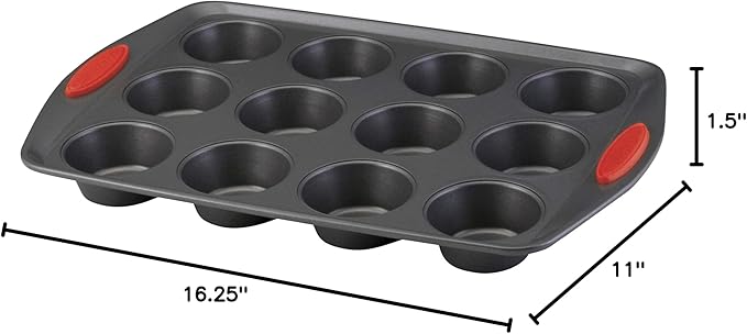 Rachael Ray Yum-o! Nonstick Bakeware 12-Cup Muffin & Cupcake Tin With Grips - Gray with Red Grips