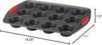 Rachael Ray Yum-o! Nonstick Bakeware 12-Cup Muffin & Cupcake Tin With Grips - Gray with Red Grips