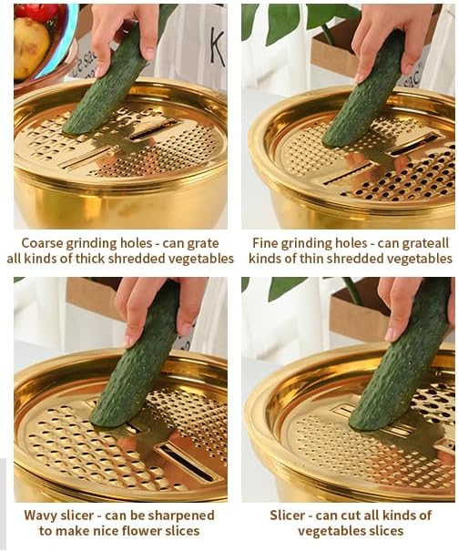 3PC/Set Colander set Stainless Steel Vegetable Slicer Fruit Potato Peeler Carrot Grater Strainer Utensil Round Rice Washer Bowl Drain Basket-Gold