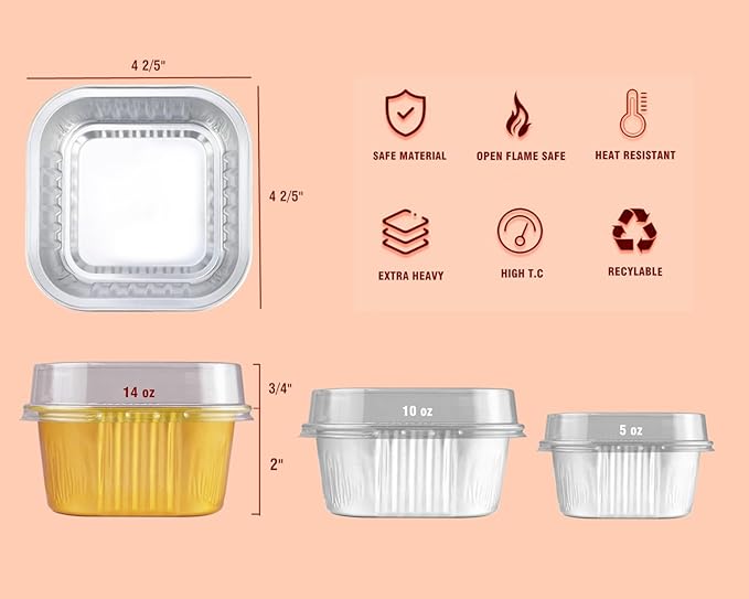 14 oz Mini Cake Pans with Lids, Square Muffin Pans, Multi-purpose Aluminum Baking Cups, Premium Dessert Cups, Creme Brulee Ramekins Oven Safe, 60 Pack