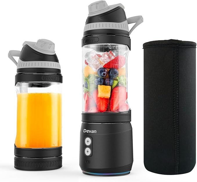 Portable Blender, Anti-Jamming 300 Watt for Shakes and Smoothies, 24oz Travel Blender USB Rechargeable, BPA Free Sporty bottle with a Travel Lid. (Black Base Grey Lid) (Black with Insulated Sleeve)