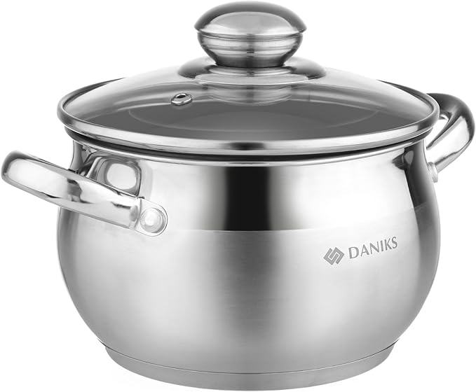 Daniks Classic 2 Quart Stainless Steel Stock Pot with Glass Lid, Tri-Ply Bottom for Even Heating, Induction Compatible, Dishwasher Safe