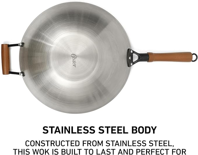 Oster Sangerfield 14-Inch Stainless Steel Wok With Wood Handles, Durable Non-Stick Stir Fry Pan for Gas and Electric Stovetops