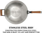 Oster Sangerfield 14-Inch Stainless Steel Wok With Wood Handles, Durable Non-Stick Stir Fry Pan for Gas and Electric Stovetops