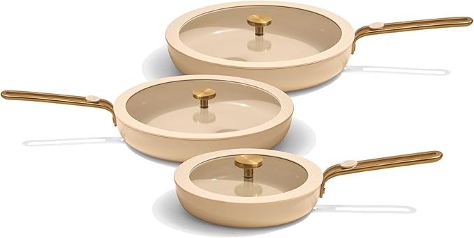 Our Place 8-Piece Essentials Complete Cookware Set - Ceramic Fry Pan Trio & Modular Rack Storage | Nontoxic Thermakind™ Nonstick, Oven Safe up to 450°F & Compatible with All Cooktops | Cream