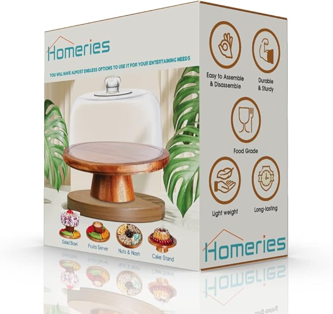 Homeries Acacia Wood Cake Stand with Lid, Cake Plate, (6 in 1) Multi-Functional Serving Platter, Large Cake Stand with Dome, Cake display stand with lid & Cake Dome - Use as Cake Holder, Cake Cover