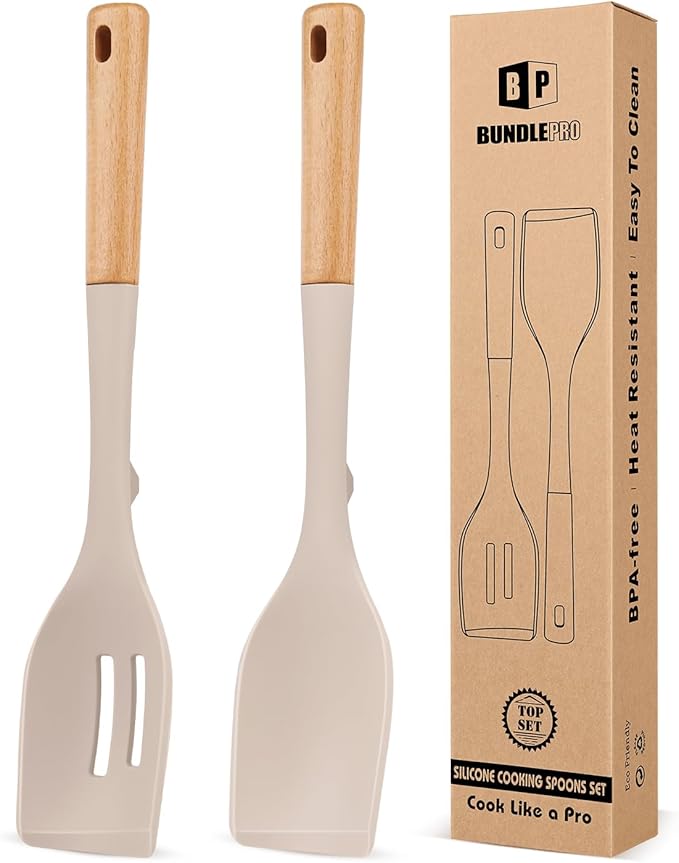 Pack of 2 Large Silicone Cooking Spoons, Heat Resistant Non Stick Kitchen Utensils with Wooden Handle, Ideal for Mixing, Stirring, Serving, Cooking(KHAKI)