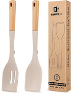 Pack of 2 Large Silicone Cooking Spoons, Heat Resistant Non Stick Kitchen Utensils with Wooden Handle, Ideal for Mixing, Stirring, Serving, Cooking(KHAKI)