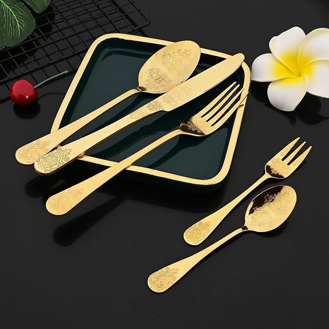 JASHII 20-piece Silverware Flatware Set Vintage Carved Floral Pattern Eating Utensils Stainless Steel Knife Fork Spoon Set Mirror Polished Dishwasher Safe - Gold