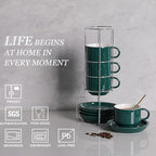 Sweejar Porcelain Cappuccino Cups with Saucers and Metal Stand, 8 Ounce Stackable Espresso Cups for Specialty Coffee Drinks, Latte, Americano, Tea - Set of 4 (Jade)