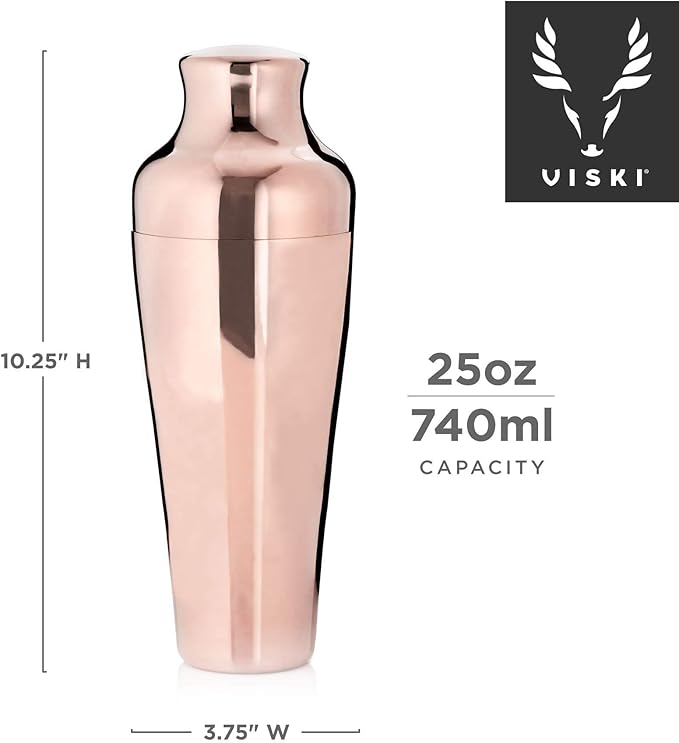 Viski Parisian Cocktail Shaker, Contoured High Shine Polished Stainless Steel with Built-In Cap and Strainer, Copper 25 Oz Set of 1