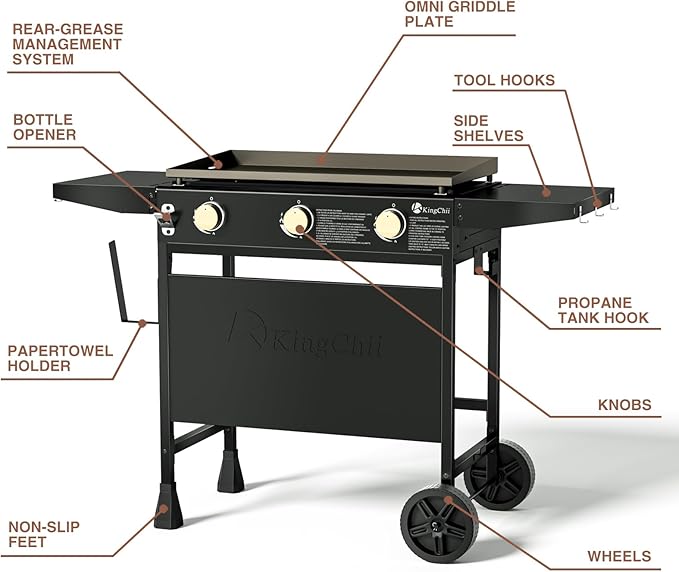 KingChii 28" 3-Burner Griddle with Counter Height Side Shelves, Powder Coated Steel, Black