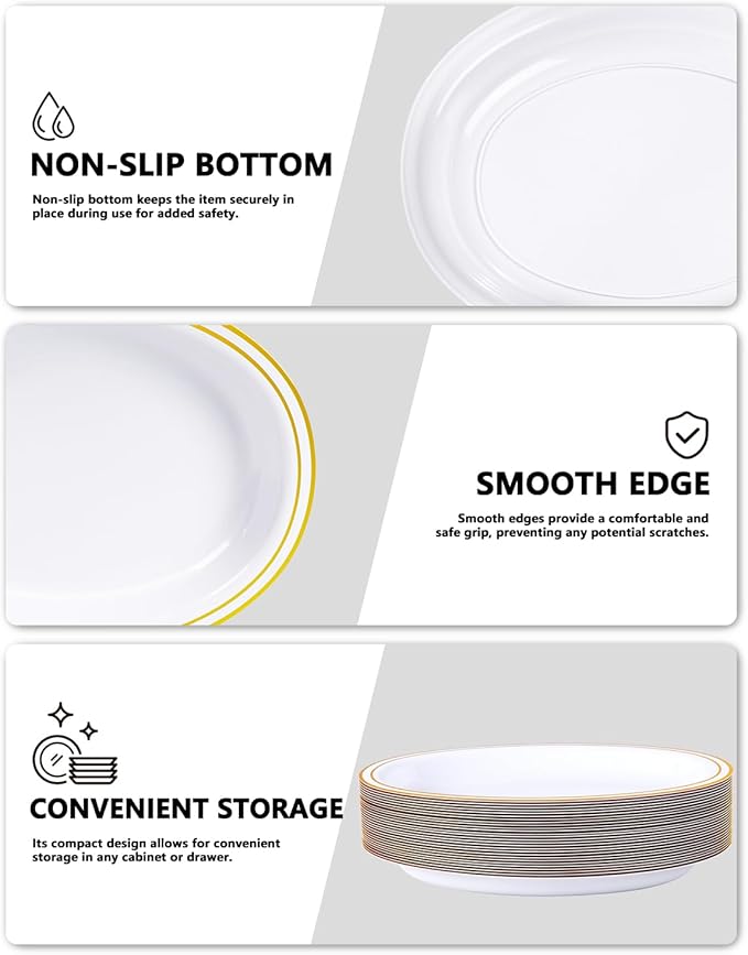 YOUBET 24PCS Oval Plastic Plates - 13 inch Super Strong White and Gold Disposable Platters, Heavy Duty Serving Trays for BBQ, Picnic, Party, Wedding, Thanksgiving